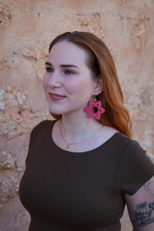 Crochet Pink Flower Earrings