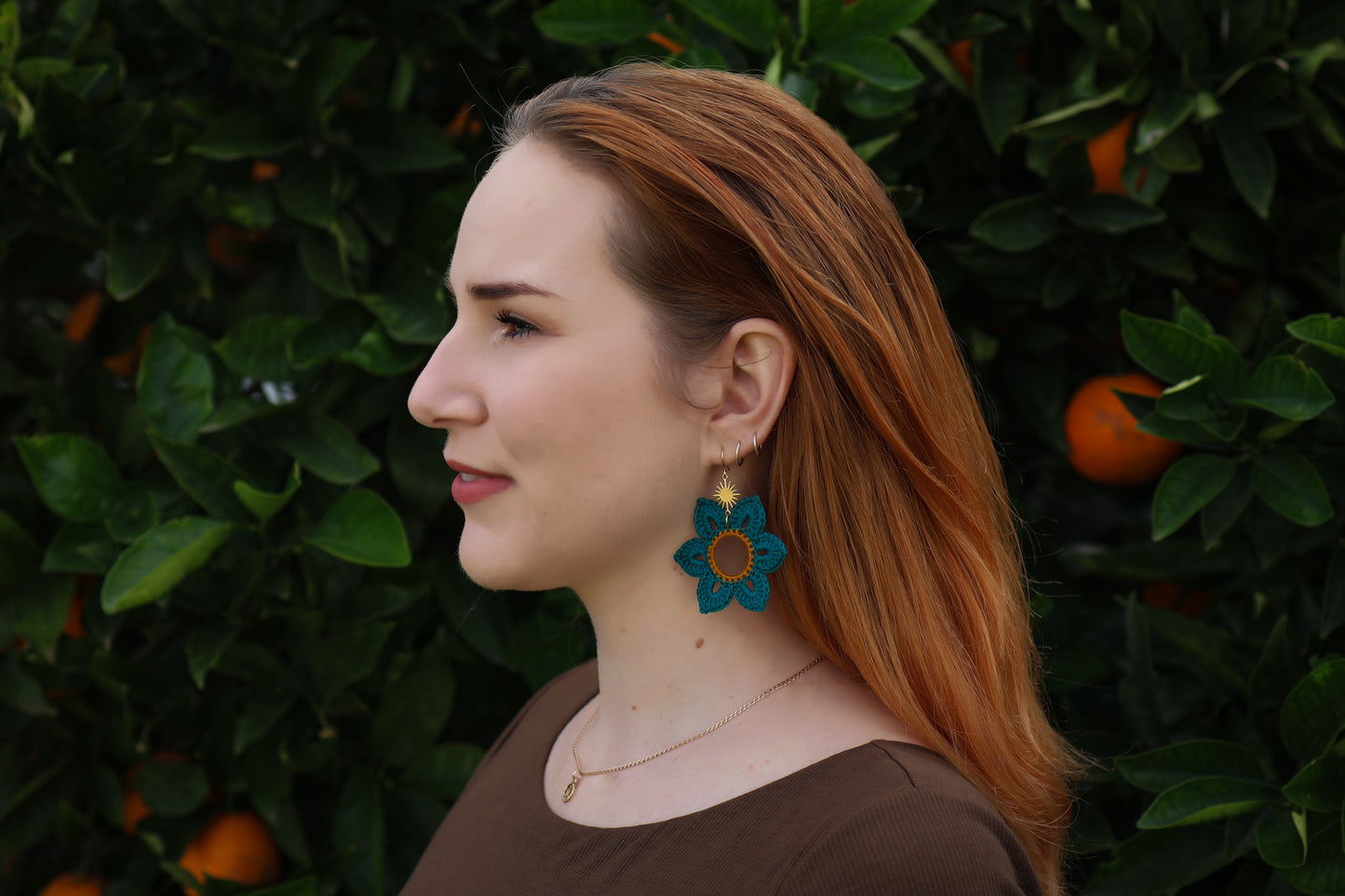 Crochet Teal Flower Earrings