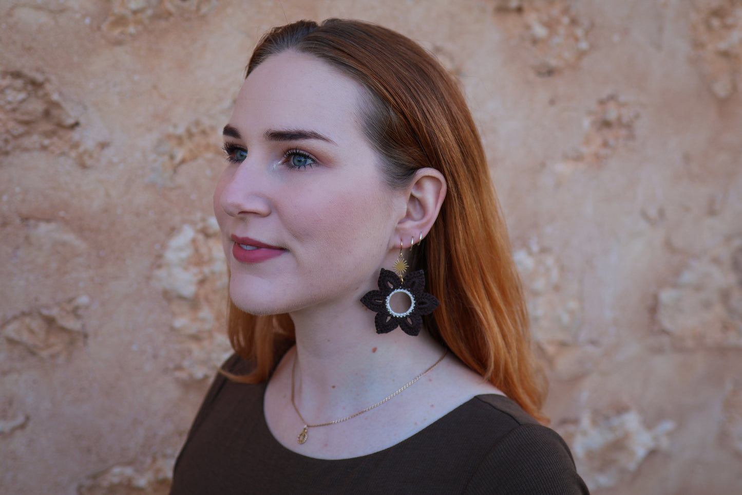 Crochet Brown Flower Earrings