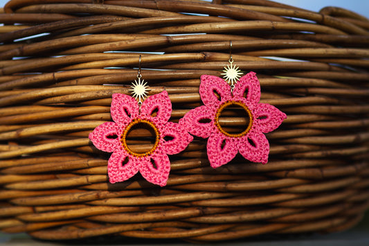 Crochet Pink Flower Earrings