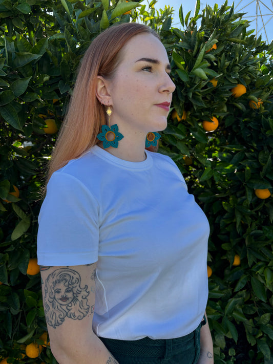 Crocheted Teal Flower Earrings