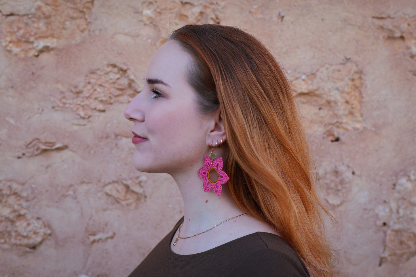Crochet Pink Flower Earrings