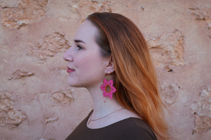 Crochet Pink Flower Earrings