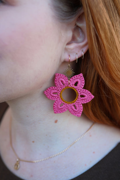 Crochet Pink Flower Earrings