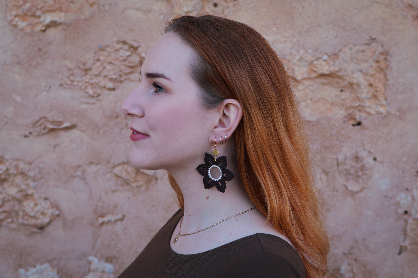 Crochet Brown Flower Earrings