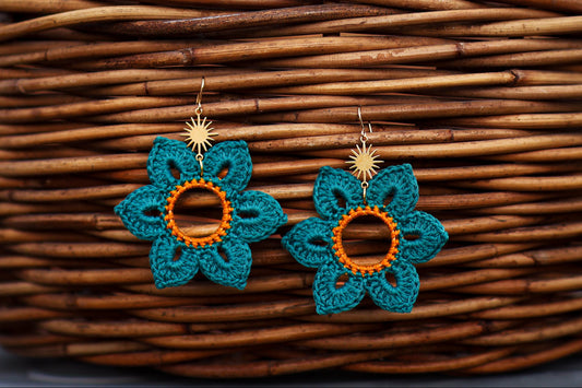 Crochet Teal Flower Earrings