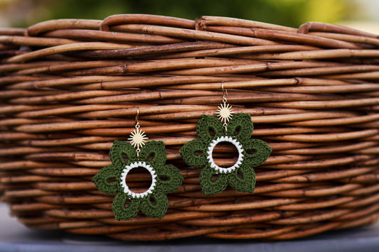 Crochet Green Flower Earrings