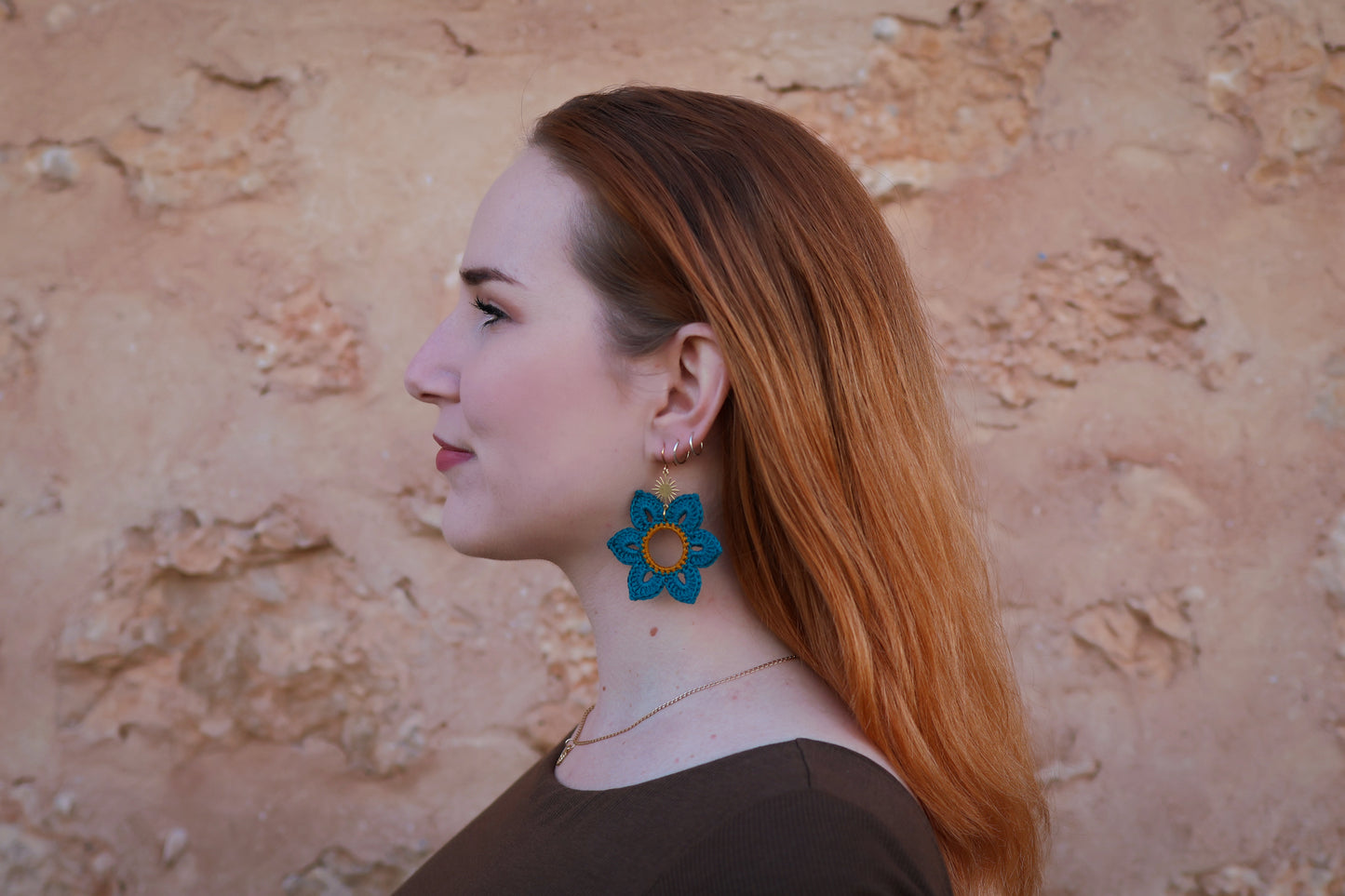 Crochet Teal Flower Earrings