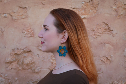 Crochet Teal Flower Earrings