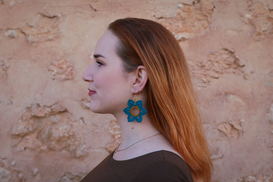 Crochet Teal Flower Earrings