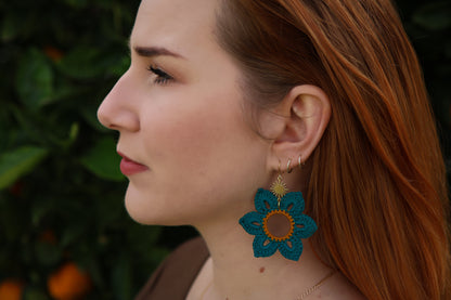 Crochet Teal Flower Earrings