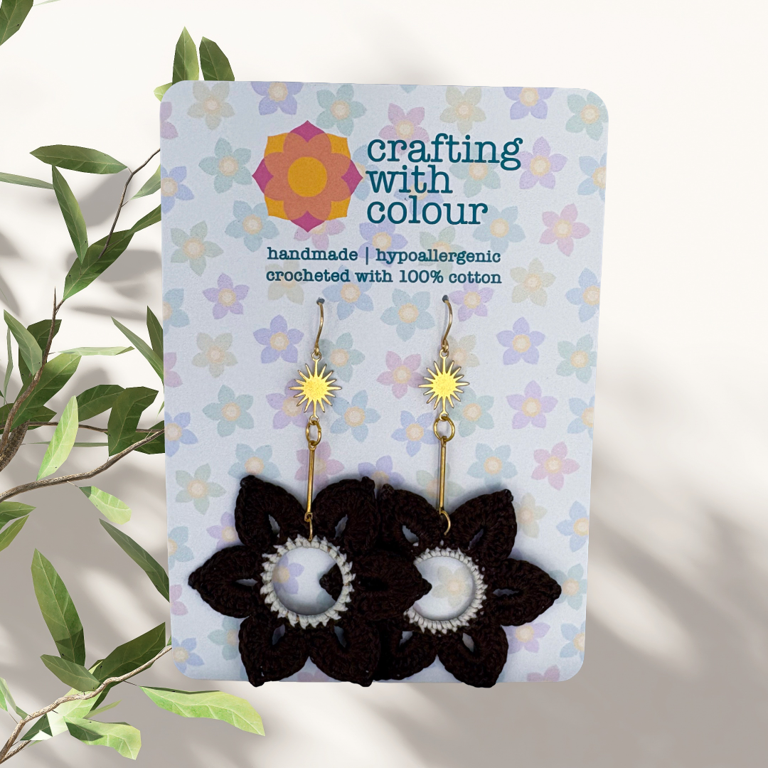 Crocheted Brown Flower Earrings