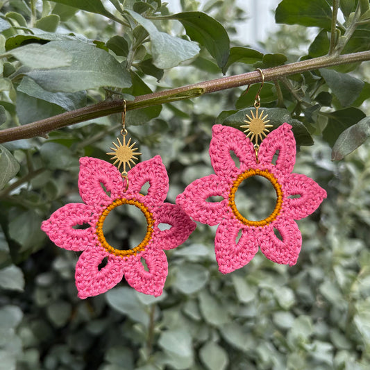 Crochet Pink Flower Earrings