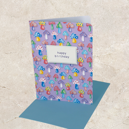 'Happy Birthday' Card - Purple Mushroom
