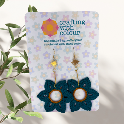 Crocheted Teal Flower Earrings