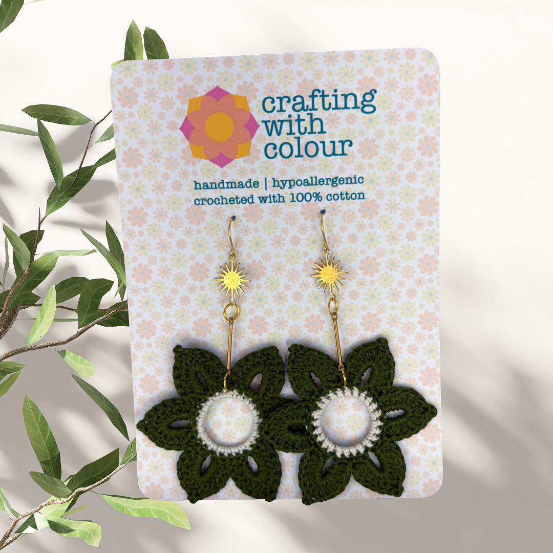 Crocheted Green Flower Earrings