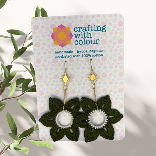 Crocheted Green Flower Earrings